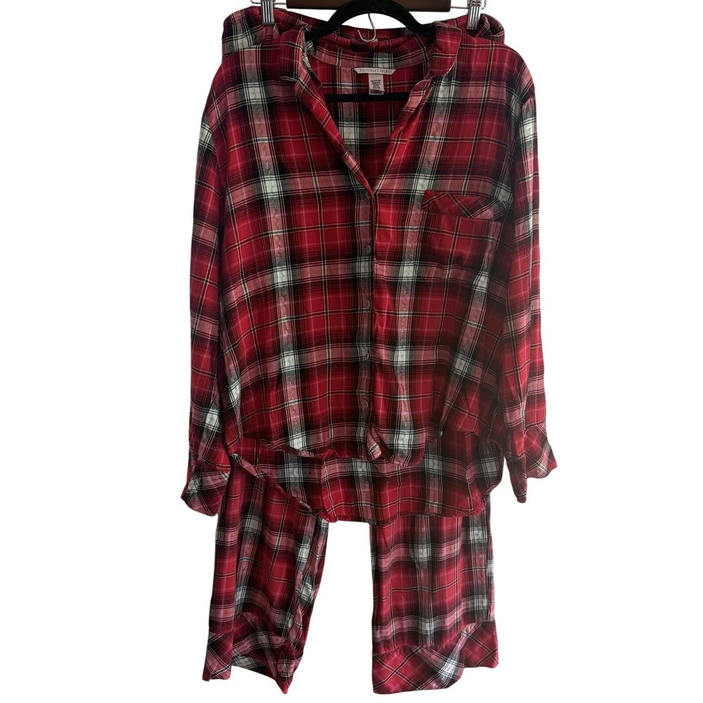 Victoria's‎ Secret Red Black Plaid Cotten Pajama Set Shimmer XL Reg Holiday Cozy